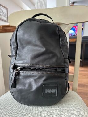 Coach Black Leather Mini Backpack with Front Zip Pocket